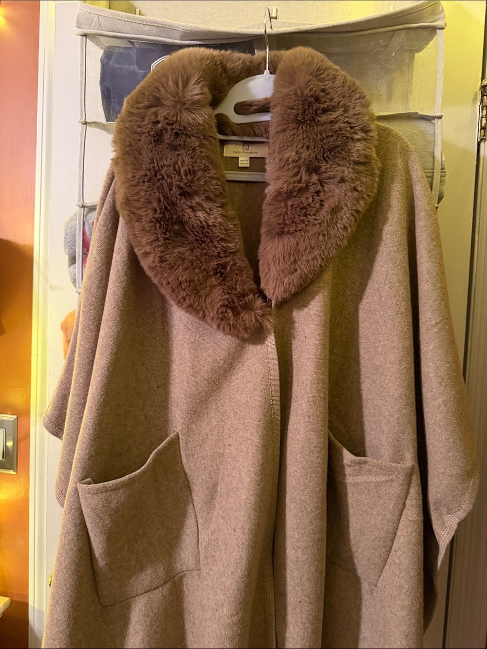 Pretty Persuasions Brown Wool-Blend Cape with Faux-Fur Collar